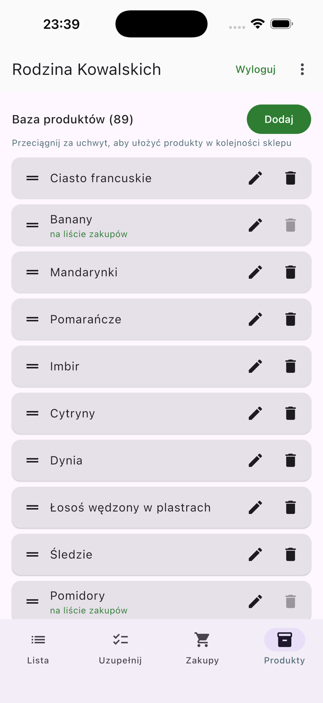 Baza produktów Zakupomatu ułożona w kolejności sklepu, z uchwytami do przeciągania.