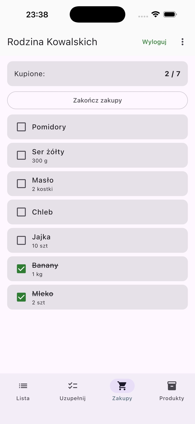 Tryb zakupów w aplikacji Zakupomat — lista produktów, część odhaczona jako kupiona.